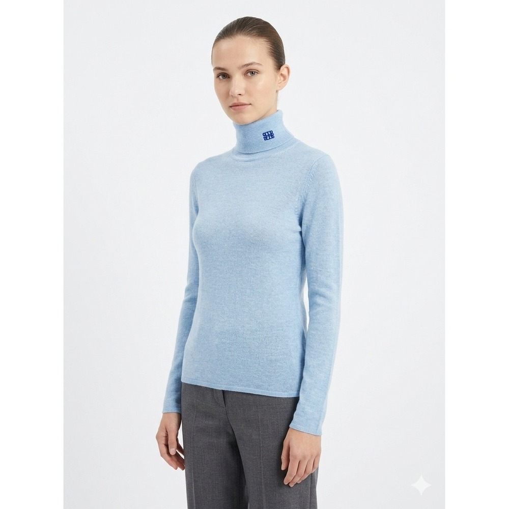 DE ROCOCO Logo Knit Turtleneck Sweater Wool Blend Light Blue Size S